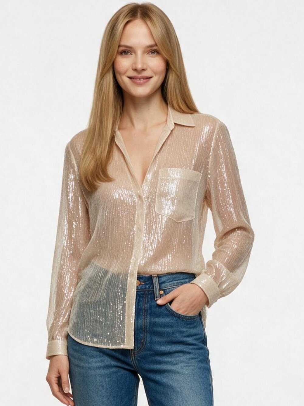 PAIGE Pale Champagne, Sheer Metallic Shimmer Lurex Blouse, Silk, Like New, XS